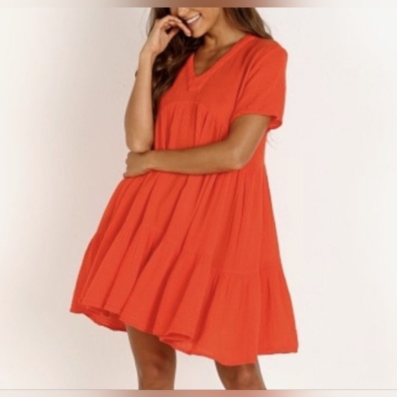 9 Seed Dresses & Skirts - Relaxed V-Neck Tiered Mini Dress in Orange